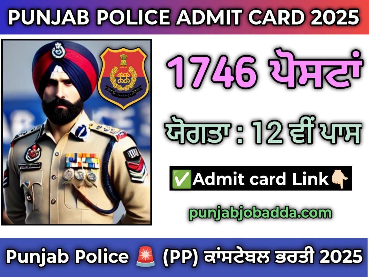 Punjab Police Constable Admit Card 2025 Punjabjobadda